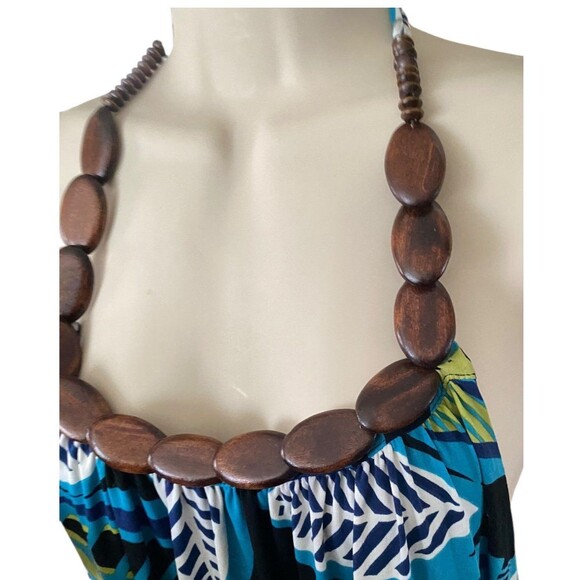 vtg Y2K Halter Midi Dress Hawaiian resort cruise wear beach Wooden Beads Sz XL - Picture 5 of 11
